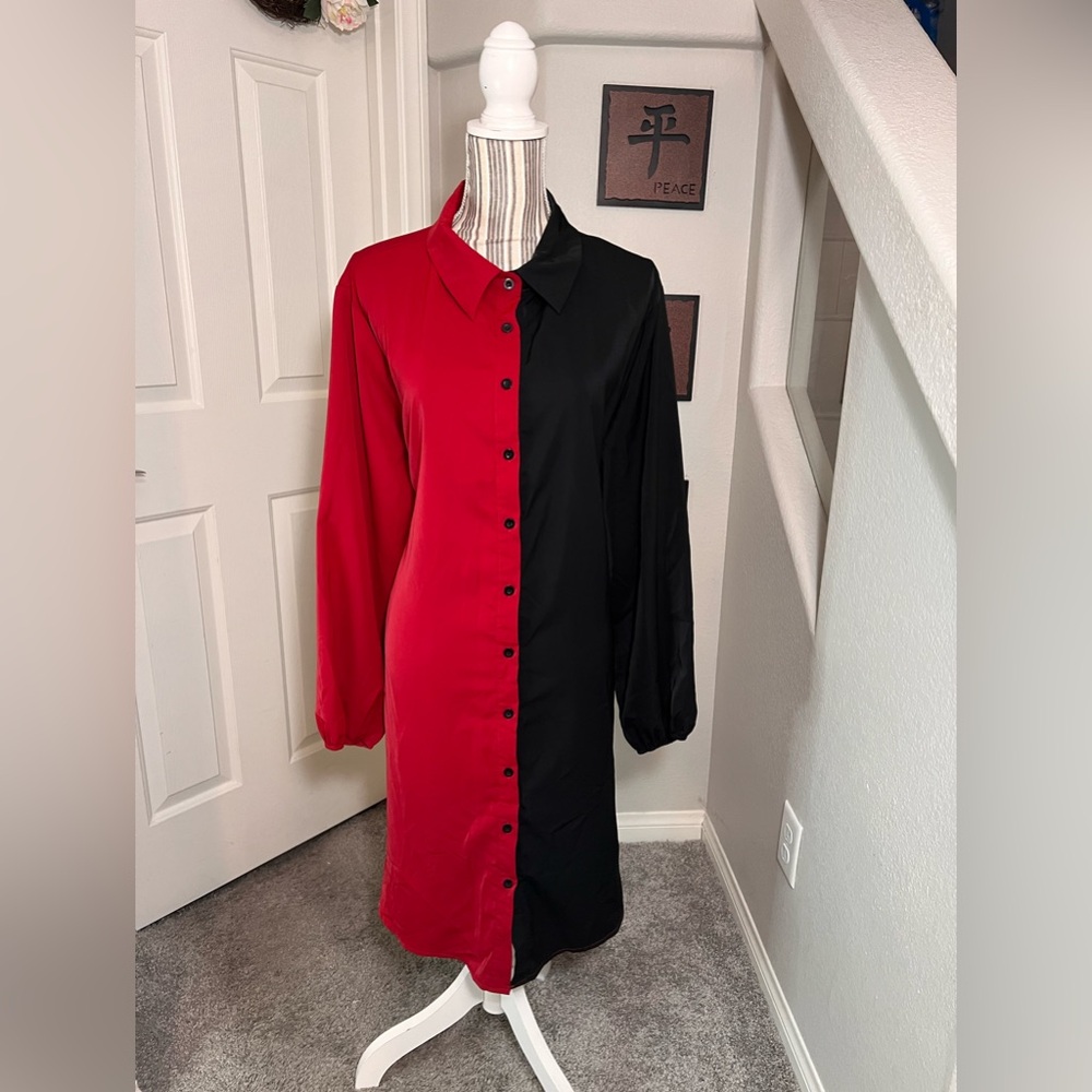 LAST PRICE Shein Plus Black Red button Down No belt Balloon Sleeve Dress Size 3X